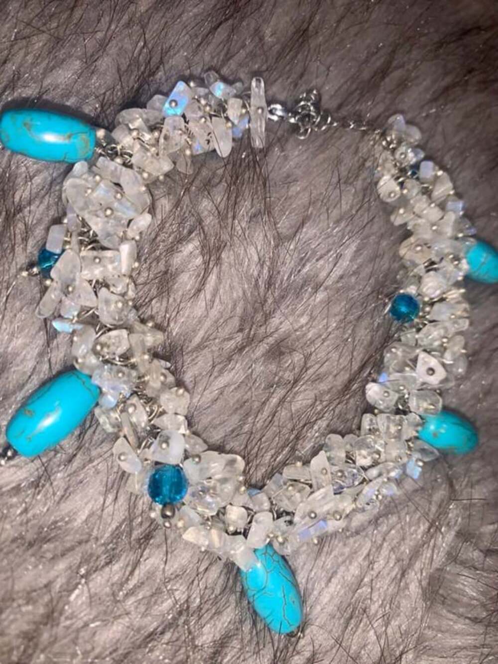Chunky Turquoise & Moonstone Chip Beaded Bracelet Silver Tone Boho‎ Jewelry